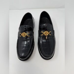 Versace Croc-Embossed Black Loafers with Gold Medusa Detail